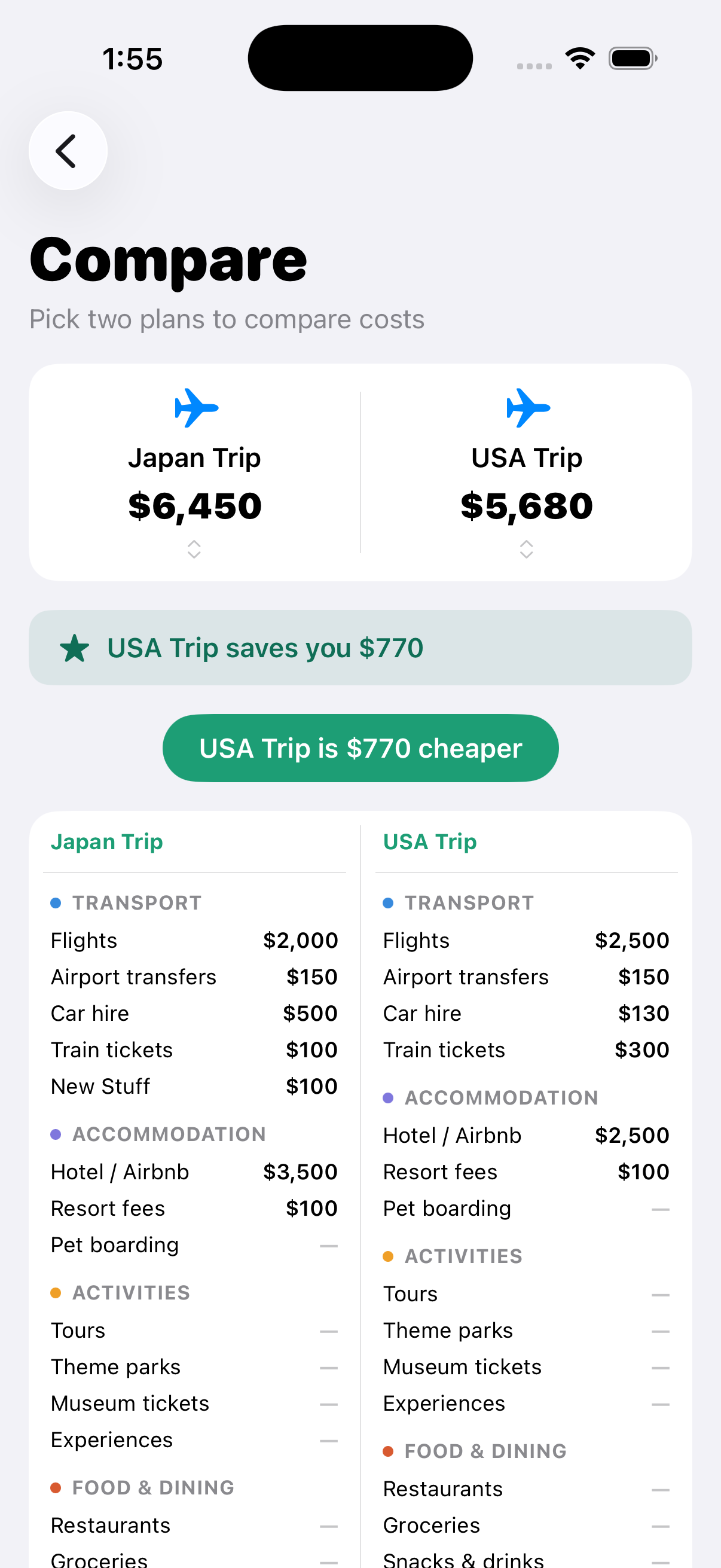 Planna+ compare mode showing side-by-side plans