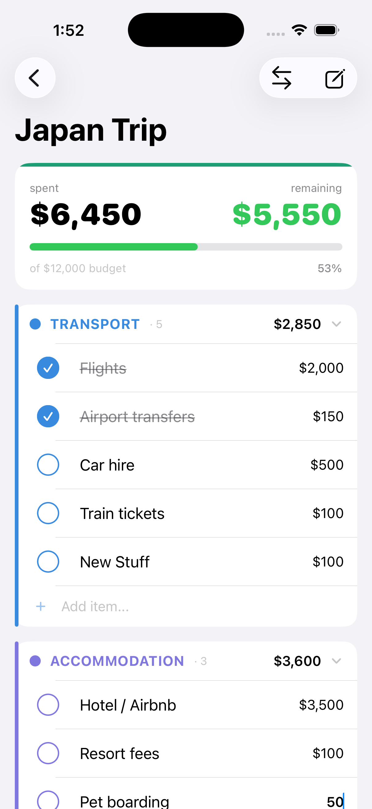 Planna+ plan detail with categories and items