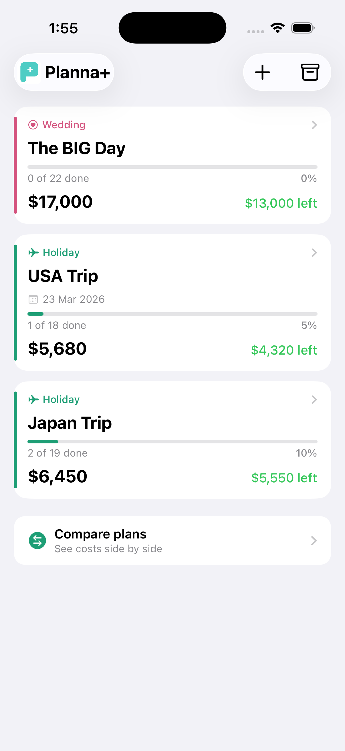 Planna+ app showing plan list